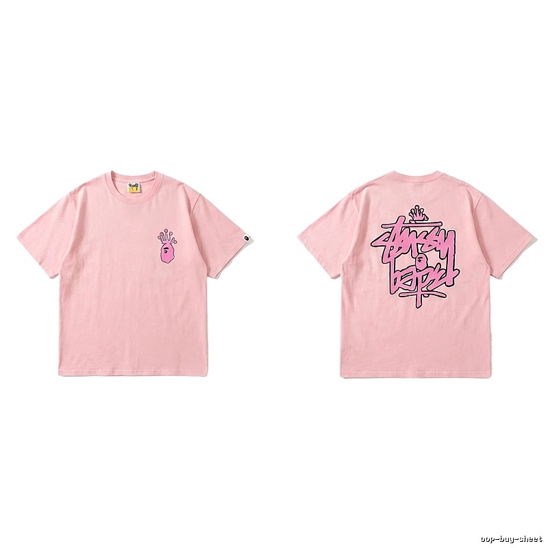 Bape Crown Print Trendy Cool Pink T-shirt