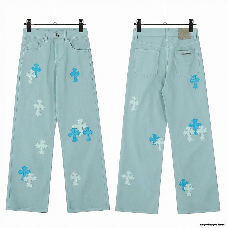 Chrome Hearts Cross Trend Brand Light Blue Jeans