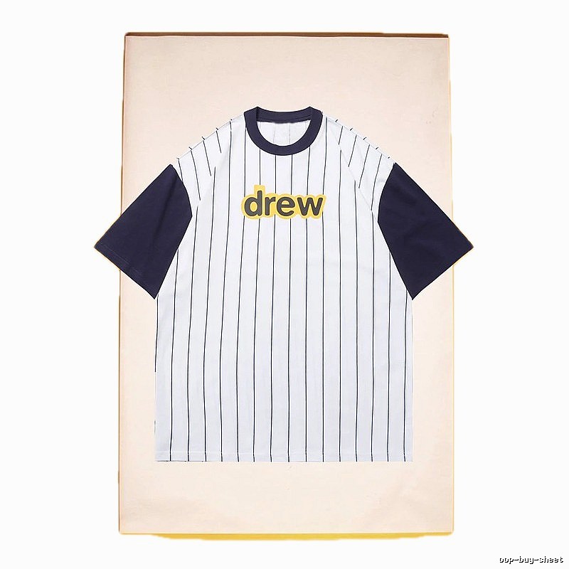 DREW Letter Print Street Style White and Navy Blue Short Sleeve T-Shirt