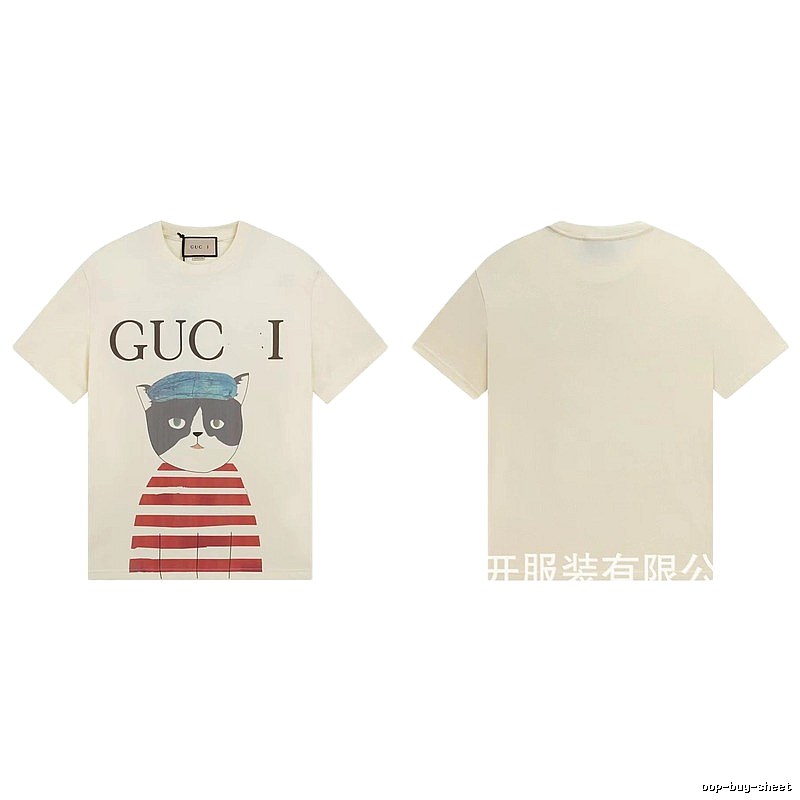 Gucci Cat Print Vintage Style Off-White T-Shirt