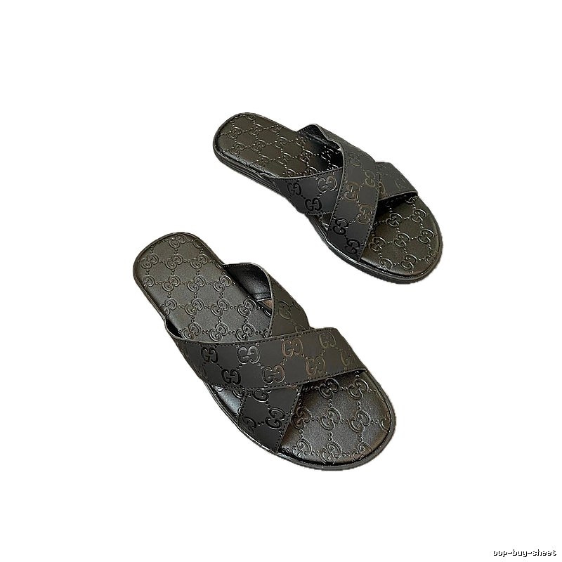 Gucci Double G Embossed Light Luxury Style Black Slide Sandals