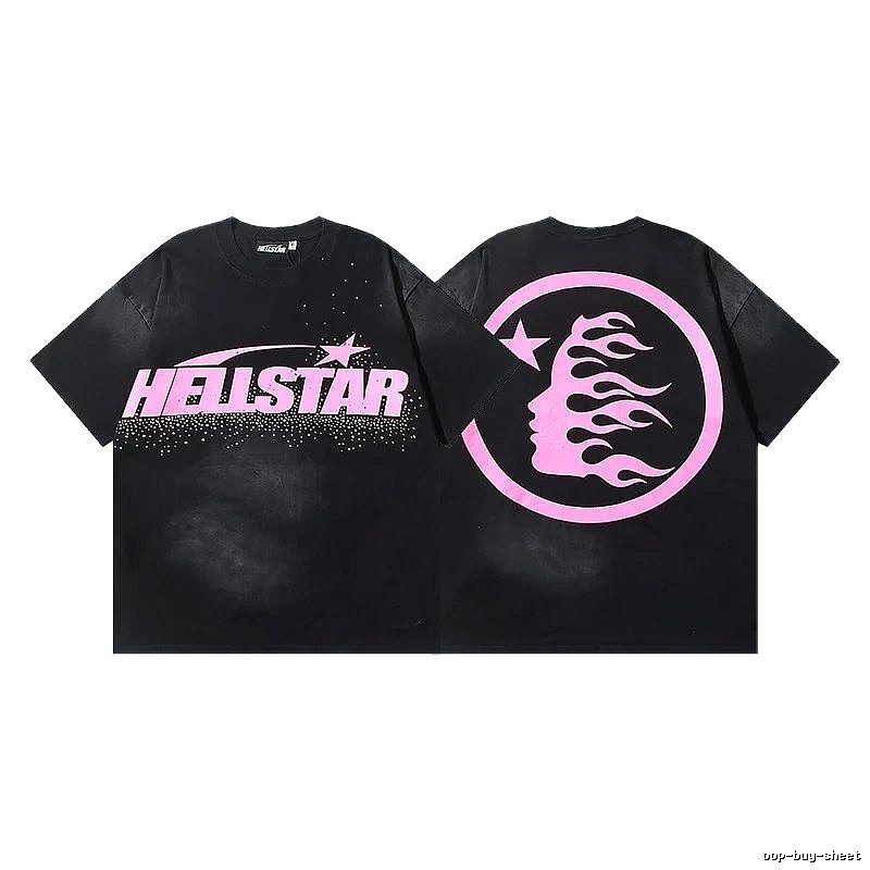 Hellstar Flame Print Street Style Black and Pink T-shirt