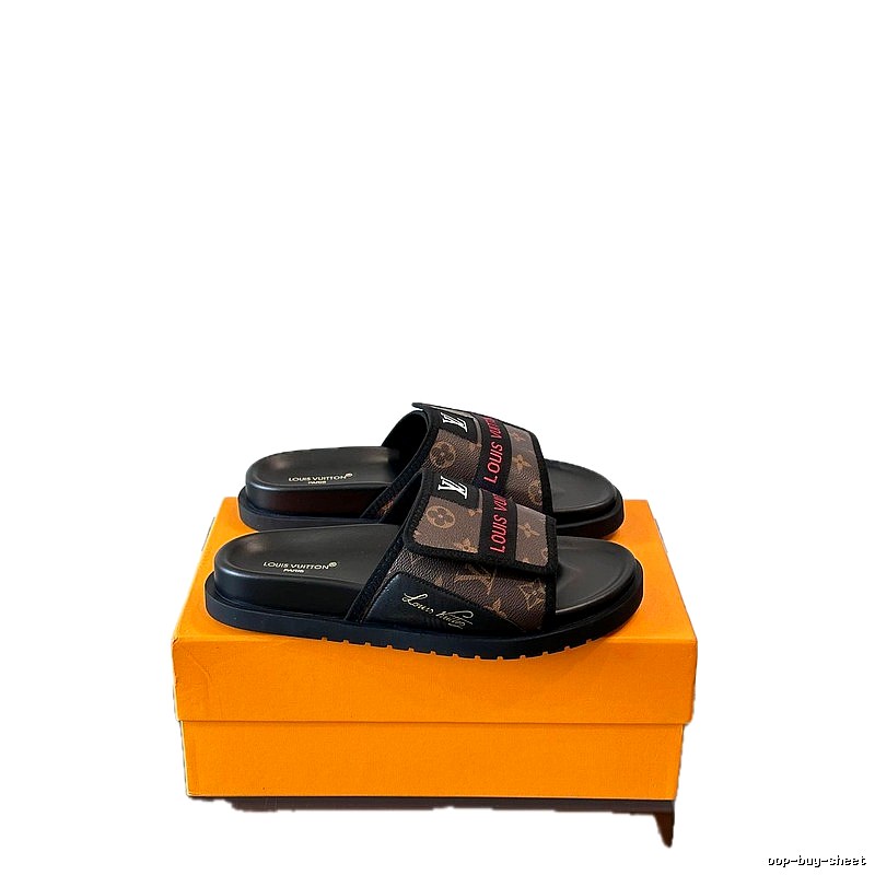 Louis Vuitton Classic Monogram Light Luxury Style Brown and Black Slide Sandals