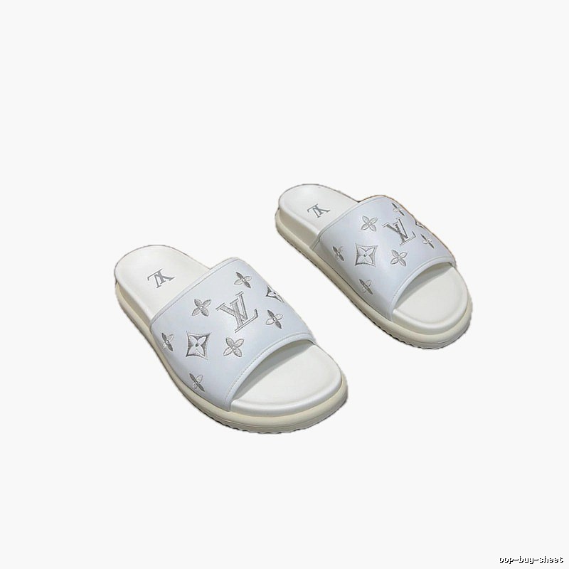 Louis Vuitton Monogram Embroidered Trendy Style White Slippers