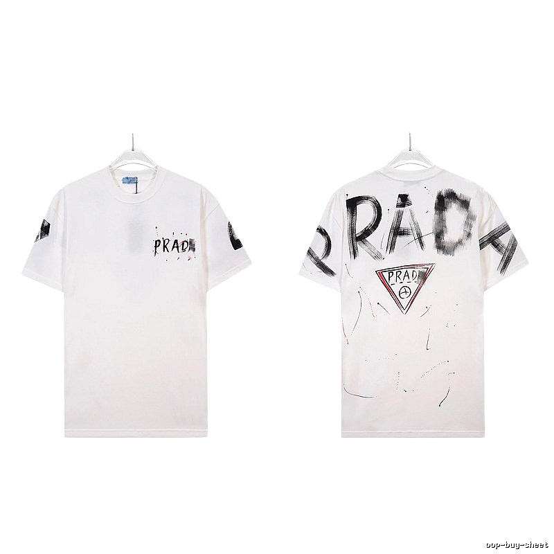 Prada Triangle Logo Graffiti Street Style White Short-sleeve T-shirt
