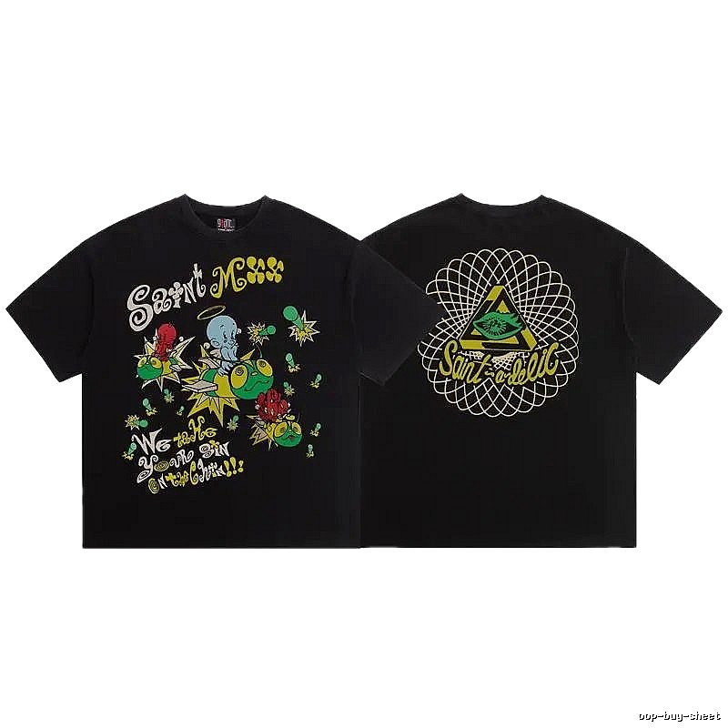 SAINT Cartoon Graffiti Street Style Black T-Shirt