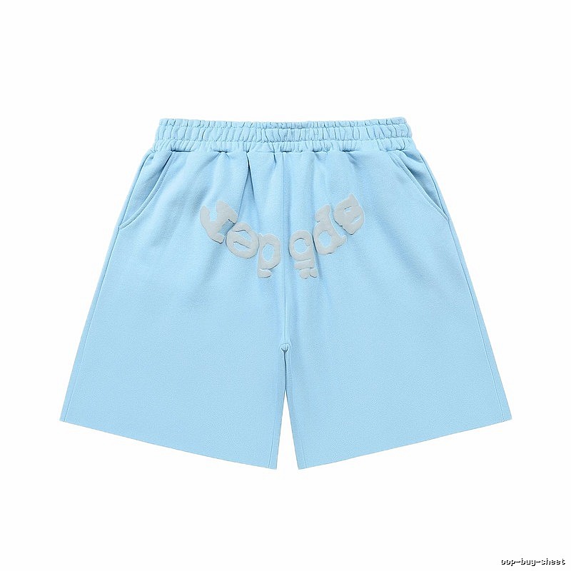 Sp5der letter-style light blue shorts