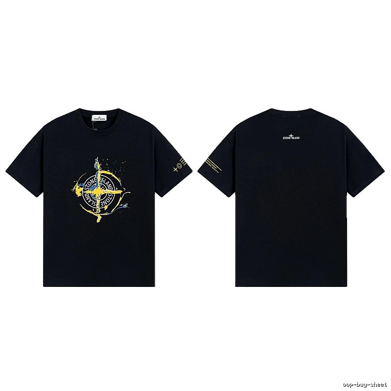Stone Island Ink-splattered Street Style Black Short-sleeve T-shirt