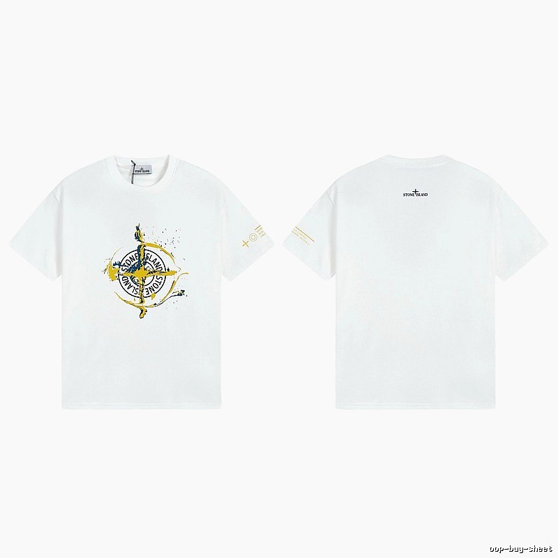 Stone Island Ink-splattered Trendy Style White T-shirt